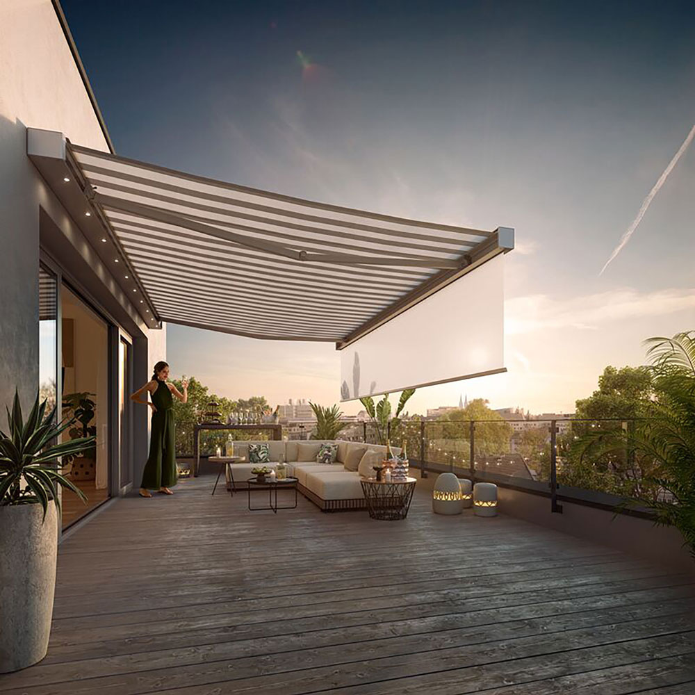 Terrasse avec une surdécoupe et un design moderne, dominée par des teintes de gris et de vert.