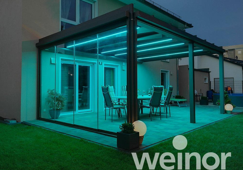 Terrasoverkapping van glas weinor Terrazza Pure met kleur-ledverlichting