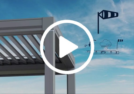 A modern pergola structure against a blue sky with a play button overlay.