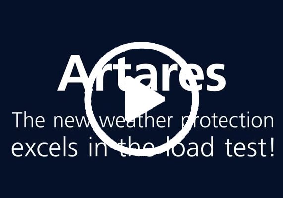 Text on a dark background promoting Artaraes weather protection with a play button icon.
