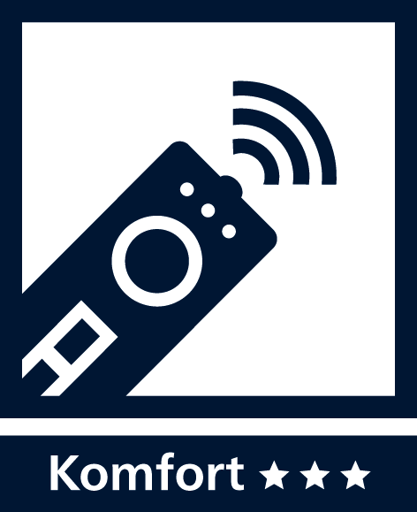Fernbedienung mit Signalwellen, in dunkelblauem Design und weißen Akzenten, unterhalb der Schriftzug "Komfort". Fernbedienung mit Signalwellen, in dunkelblauem Design und weißen Akzenten, unterhalb der Schriftzug "Komfort".