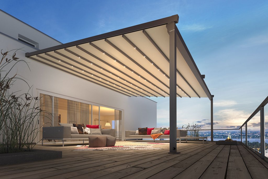 représentation d'une terrasse avec une structure de protection et un espace de vie en extérieur au crépuscule. représentation d'une terrasse avec une structure de protection et un espace de vie en extérieur au crépuscule.