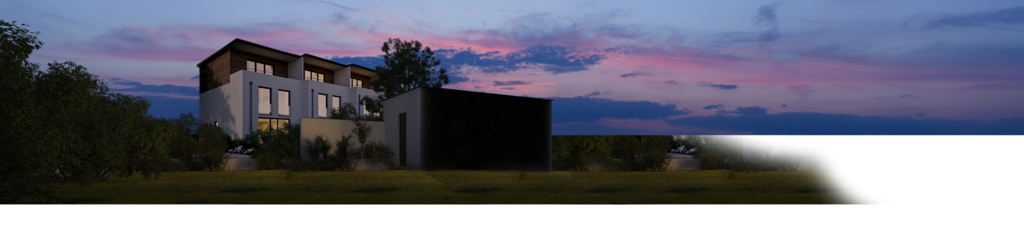 Modern house façade against a twilight sky with hints of pink and blue, surrounded by greenery.