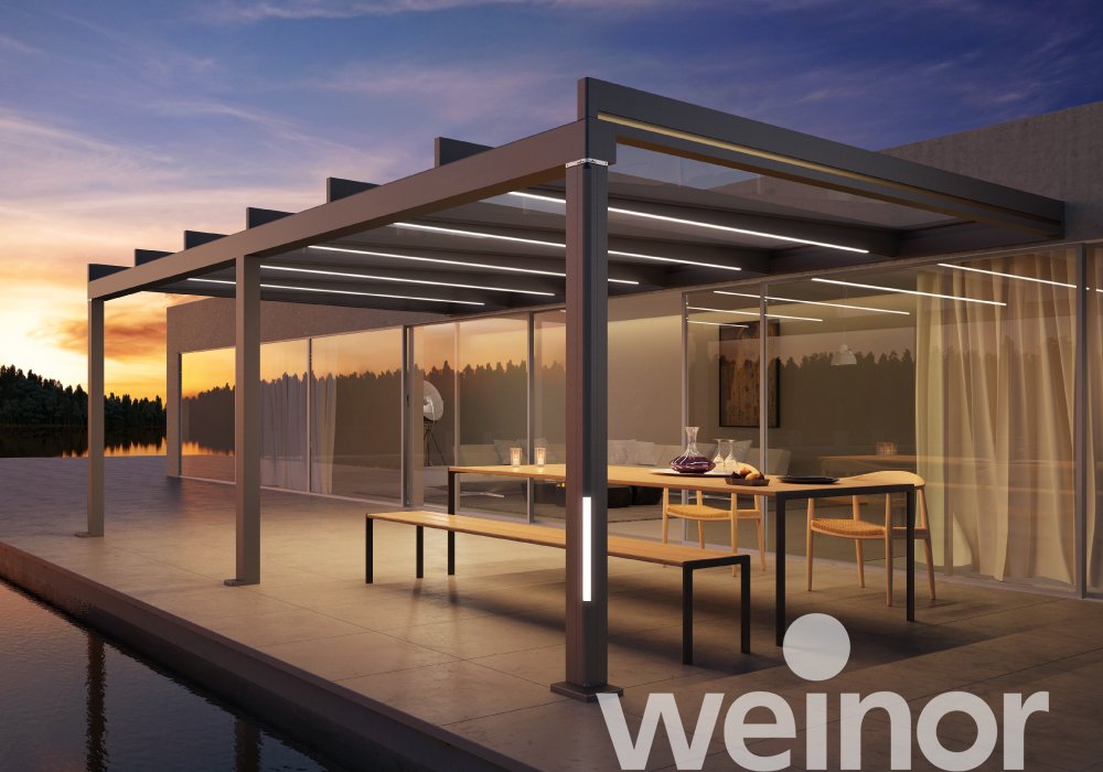 Terrasoverkapping van glas weinor Terrazza Pure met kleur-ledverlichting, met sierlijsten