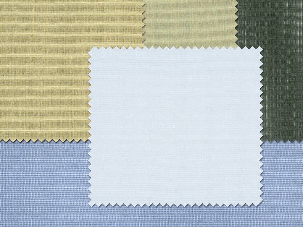 Farbige Stoffproben in unterschiedlichen quadratischen Formen, dominierende Farben sind Blau, Grün und Beige. Farbige Stoffproben in unterschiedlichen quadratischen Formen, dominierende Farben sind Blau, Grün und Beige.