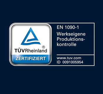 Logo des TÜV Rheinland mit dem Schriftzug "ZERTIFIZIERT" und Informationen zur Produktionskontrolle.