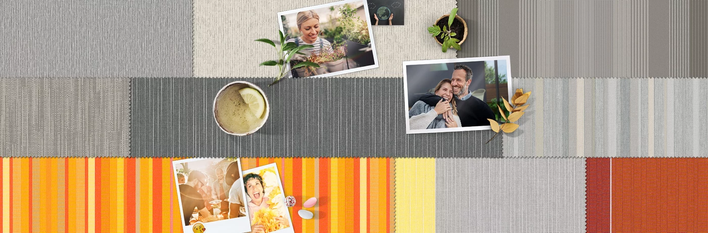 Eine Collage aus verschiedenen Texturen in Grau, Weiß und Orange mit Fotos und dekorativen Elementen.
