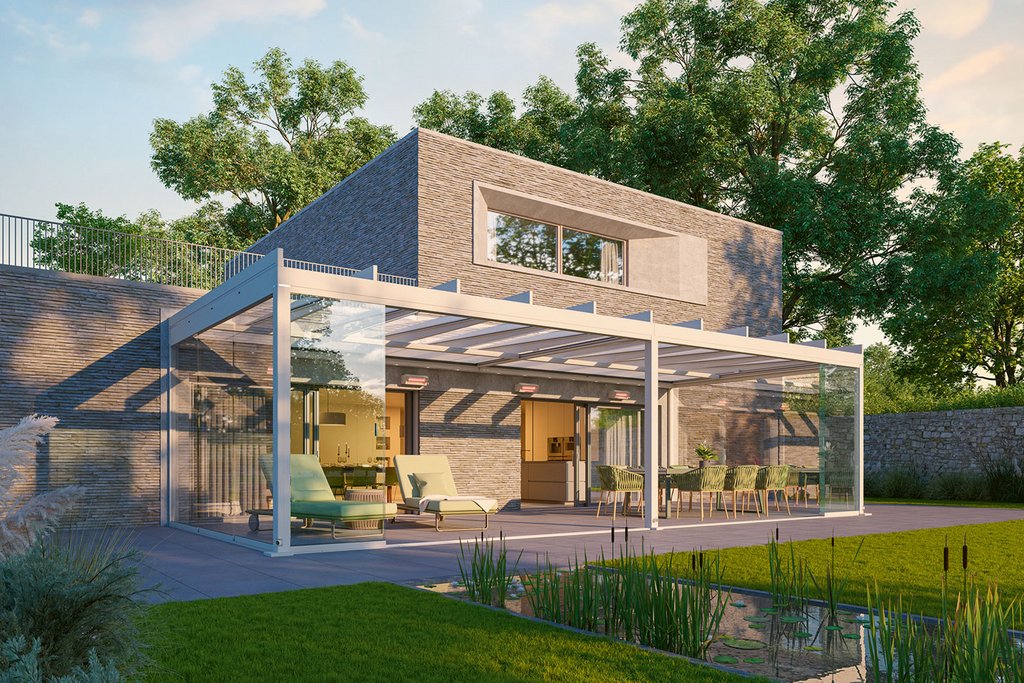Un espace extérieur moderne avec une surplomb en verre et un aménagement en terrasse verdoyant. Un espace extérieur moderne avec une surplomb en verre et un aménagement en terrasse verdoyant.