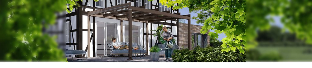 représentation d'une terrasse avec une toit de terrasse, des personnes assises et un homme arrosant des plantes. représentation d'une terrasse avec une toit de terrasse, des personnes assises et un homme arrosant des plantes.