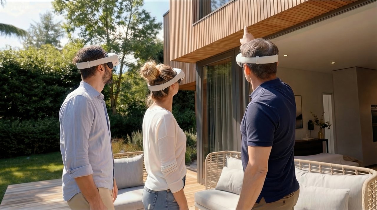 Eigentümer betrachten Haus mit VR-Brillen zur Terrassenplanung