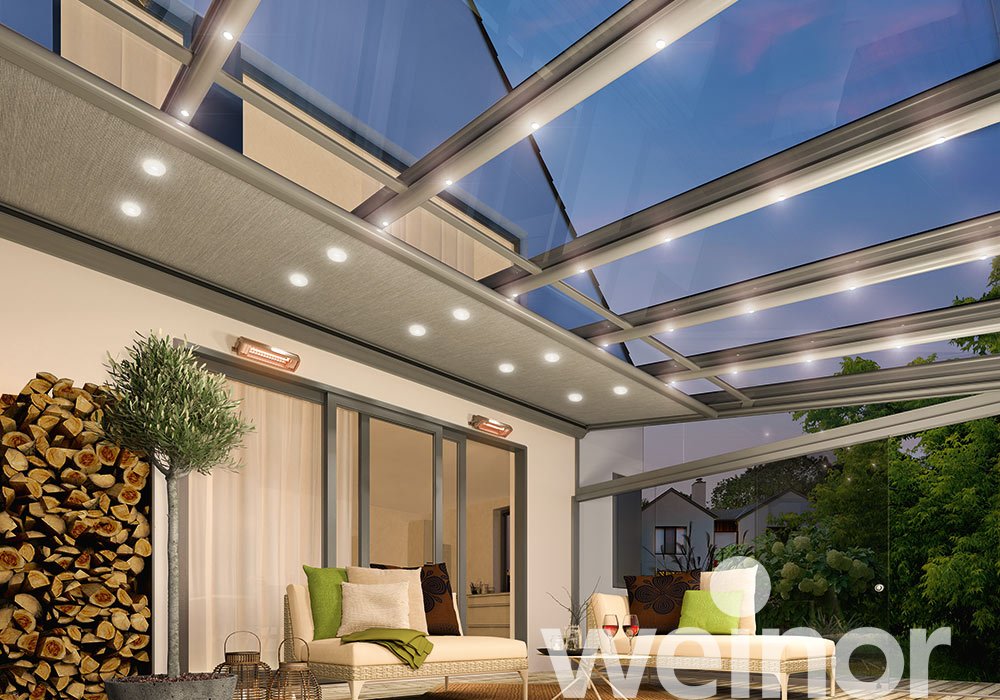 Patio roof weinor Terrazza Originale with LED light bar, with Sottezza, with All-glass elements