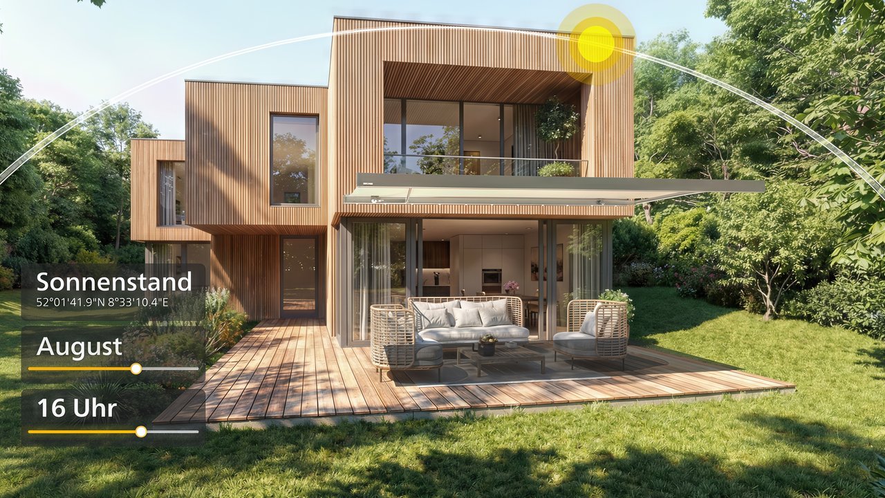 Haus mit visualisiertem Sonnenverlauf zur Beschattungsplanung