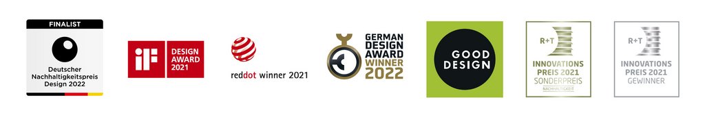 Eine Reihe von Auszeichnungen und Logos in verschiedenen Farben auf hellem Hintergrund.