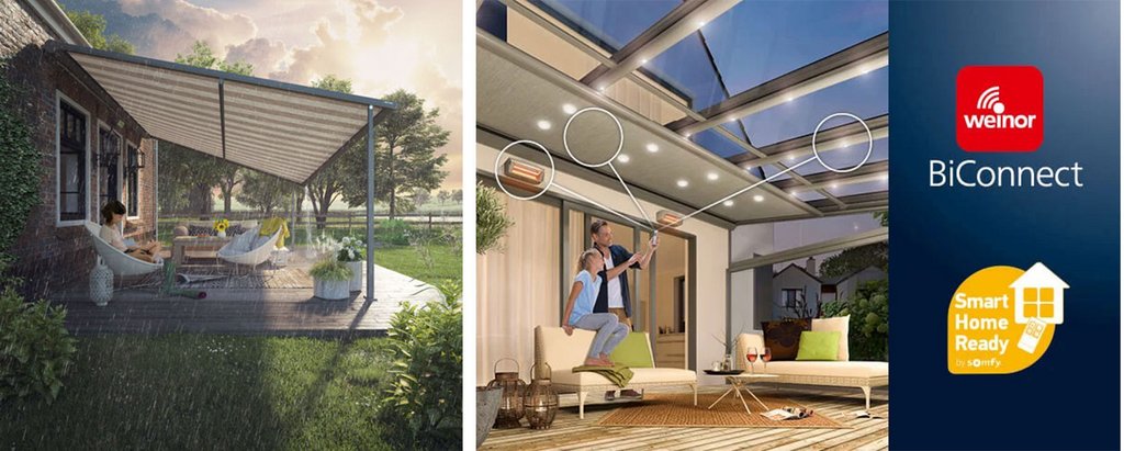 Image présentant une terrasse avec une surdachung et un intérieur moderne, lumières LED visibles.