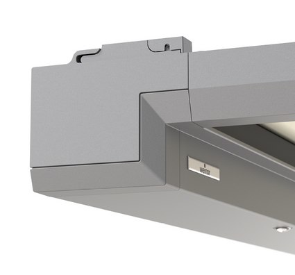 Close-up of a grey awning box with a sleek, angular design.