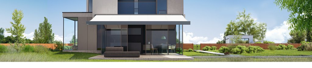 Moderne Hausansicht mit Überdachung, Terrassensituation und grünem Garten unter blauem Himmel.