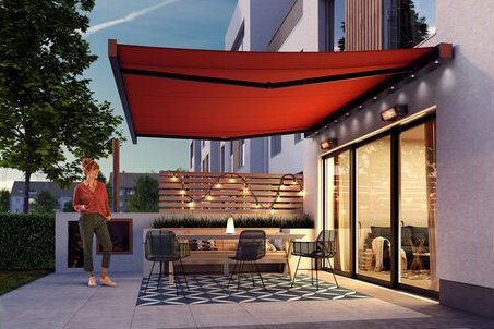 représentation d'une terrasse mit une grande terrasse et une surplomb rouge, maison moderne, ciel clair. représentation d'une terrasse mit une grande terrasse et une surplomb rouge, maison moderne, ciel clair.