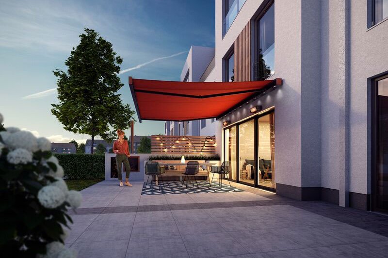 représentation d'une terrasse mit une grande terrasse et une surplomb rouge, maison moderne, ciel clair. représentation d'une terrasse mit une grande terrasse et une surplomb rouge, maison moderne, ciel clair.