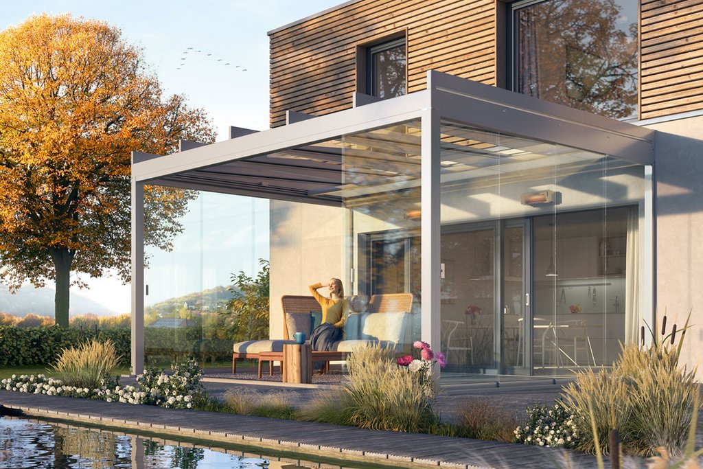 représentation d'une terrasse avec une surdachung en verre, près d'un plan d'eau et d'une végétation. représentation d'une terrasse avec une surdachung en verre, près d'un plan d'eau et d'une végétation.
