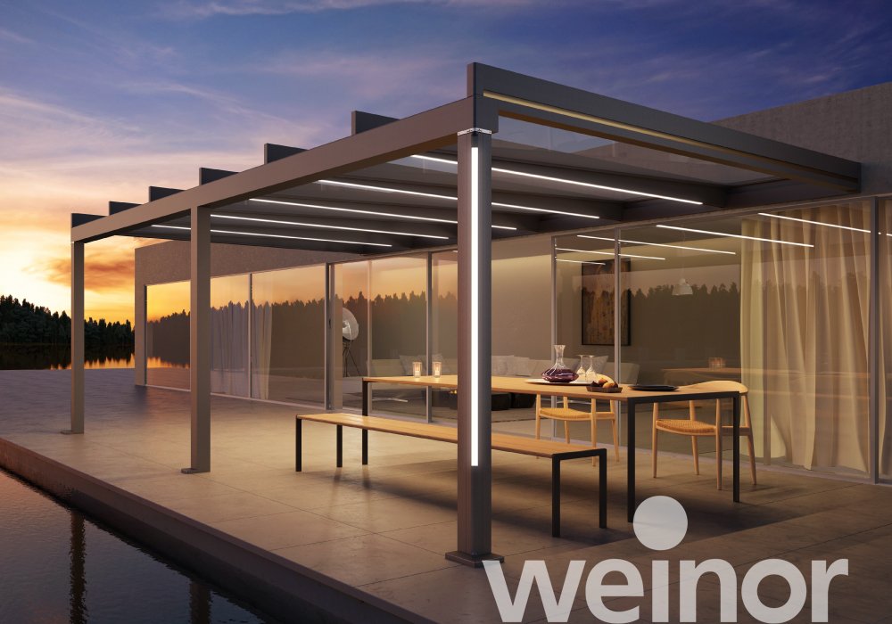 Terrasoverkapping van glas weinor Terrazza Pure met kleur-ledverlichting, met sierlijsten