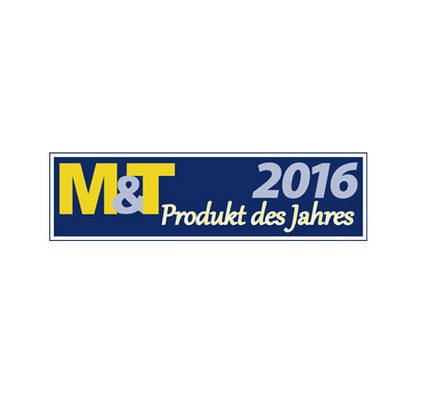 Logodesign mit blauer und gelber Schrift, das "M&T 2016" und "Produkt des Jahres" zeigt.