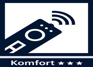 Symbol einer Fernbedienung mit Wellen, auf dunkelblauem Hintergrund, unter einem Schriftzug. 