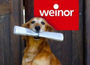 Ein Hund hält eine Zeitung im Maul vor einem Holz-Hintergrund mit rotem Logo. 