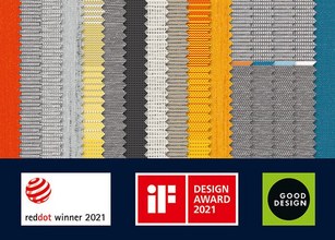 Échantillons de tissus colorés avec logos de récompenses en design. 