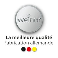 Logotype circulaire avec le texte "weinor" et trois couleurs en bas : noir, rouge, jaune. Logotype circulaire avec le texte "weinor" et trois couleurs en bas : noir, rouge, jaune.
