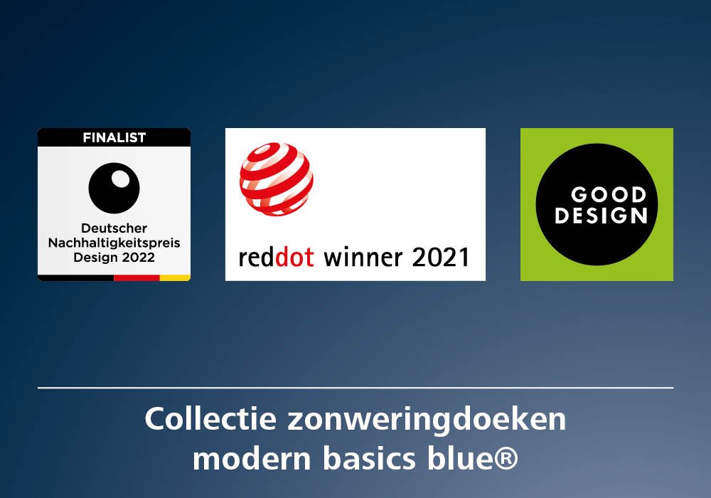 Drie logo's met tekst over zonweringdoeken en designprijzen op een donkere achtergrond. Drie logo's met tekst over zonweringdoeken en designprijzen op een donkere achtergrond.