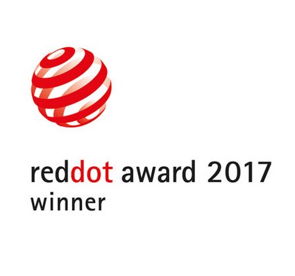 Rode bol met witte en rode strepen en tekst onderaan: red dot award 2017 winner.