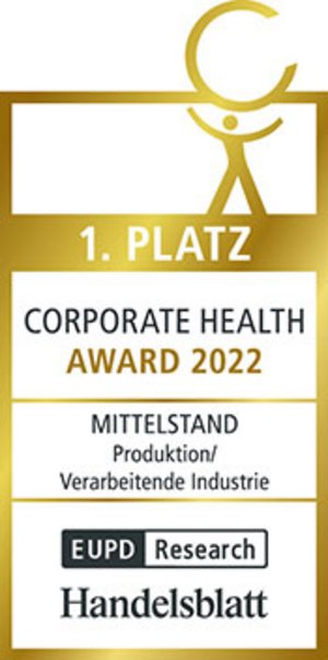 Winnende medaille met gouden kleur en tekst over een award voor bedrijfgezondheid.