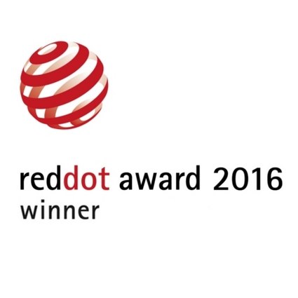 Red and white circular design with text indicating a Red Dot Award winner for 2016.