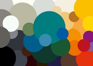 A vibrant composition of circles in various sizes and colours, primarily featuring teal, blue, and orange tones. 