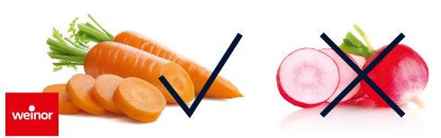 Carottes entières et tranchées à gauche, radis en rondelles barré à droite. Carottes entières et tranchées à gauche, radis en rondelles barré à droite.