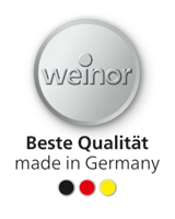 Runder silberner Button mit dem Schriftzug weinor auf schwarzem Hintergrund. Farbige Punkte in rot, gelb und schwarz darunter. Runder silberner Button mit dem Schriftzug weinor auf schwarzem Hintergrund. Farbige Punkte in rot, gelb und schwarz darunter.