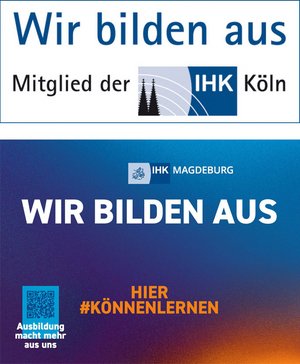 Logo IHK Köln und IHK Magdeburg mit der Überschrift: Wir bilden aus!