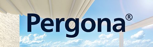 Texte de marque "Pergona" sur fond de ciel bleu et nuages.