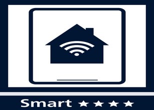 Icône représentant une maison avec des ondes, sur fond bleu. 