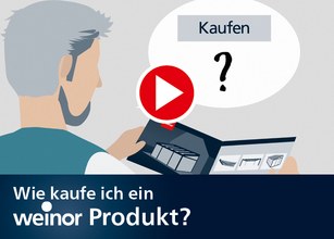 Illustration eines Mannes, der eine Broschüre betrachtet, mit Play-Button und Fragezeichen. Dominante Farben: Blau, Grau und Rot. 