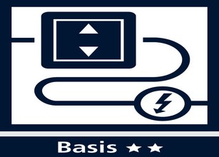 Symbol mit Pfeilen für Auf- und Abwärtsbewegung sowie einem Stromsymbol und geschwungenen Linien. Dominante Farben: Blau und Weiß. 