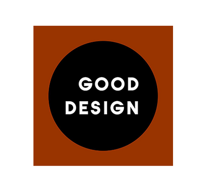 Vierkant met een bruinere achtergrond en een zwarte cirkel met de tekst "GOOD DESIGN" in witte letters.