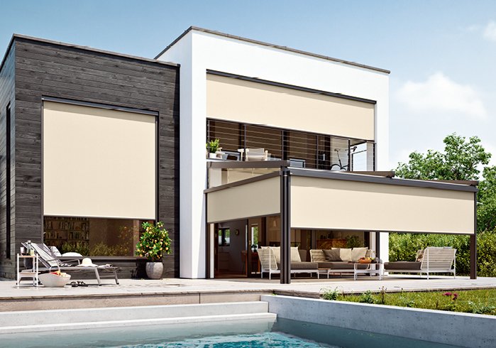 Modern house with beige awnings and a shaded area over the terrace, surrounded by greenery and a swimming pool. Modern house with beige awnings and a shaded area over the terrace, surrounded by greenery and a swimming pool.