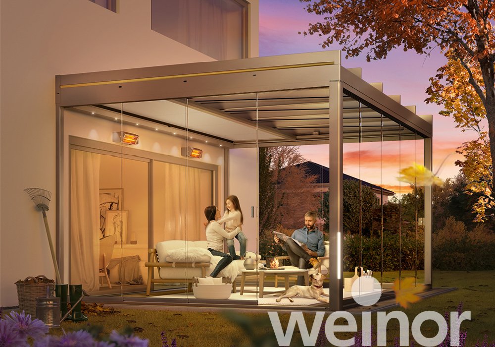 Terrasoverkapping van glas weinor Terrazza Pure met kleur-ledverlichting, met sierlijsten