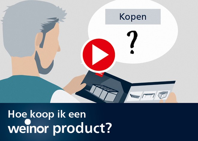 Een persoon kijkt naar een boekje met de vraag hoe een weinor product te kopen, met een play-knop.