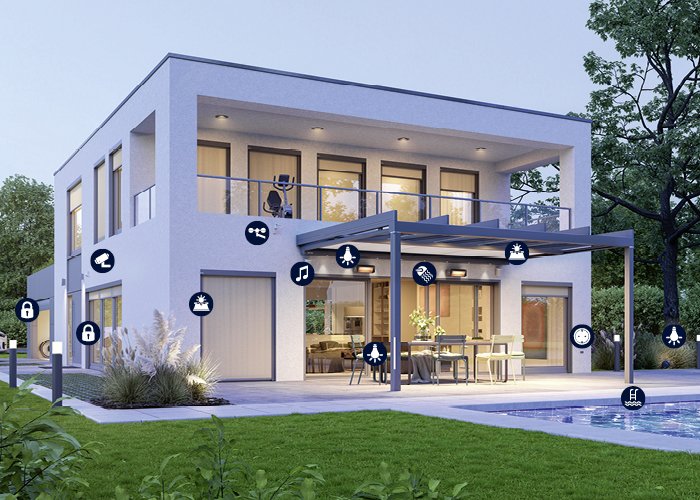 Maison moderne à deux étages avec terrasse, piscine et jardin, décoration contemporaine. Maison moderne à deux étages avec terrasse, piscine et jardin, décoration contemporaine.