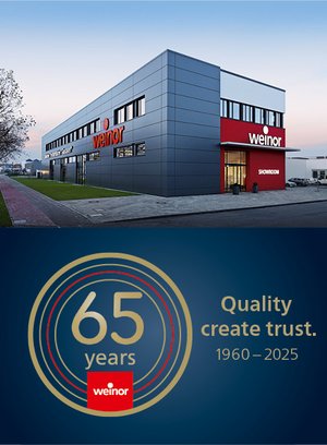 Modern building exterior with signage; text celebrating 65 years of quality and trust in business.