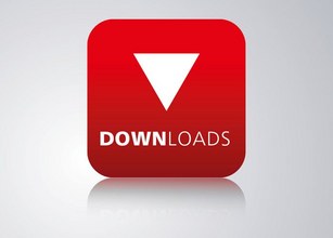 Logo mit rotem Hintergrund, nach unten zeigendem Pfeil in Weiß und der Aufschrift "DOWNLOADS" in Schwarz. 