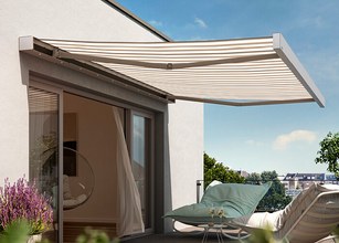 Markise in hellem Design über einer Terrassensituation mit Blick ins Freie und grünen Pflanzen. 