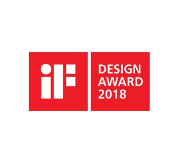 Logo met rode achtergrond en witte tekst, inclusief "IF" en "DESIGN AWARD 2018".